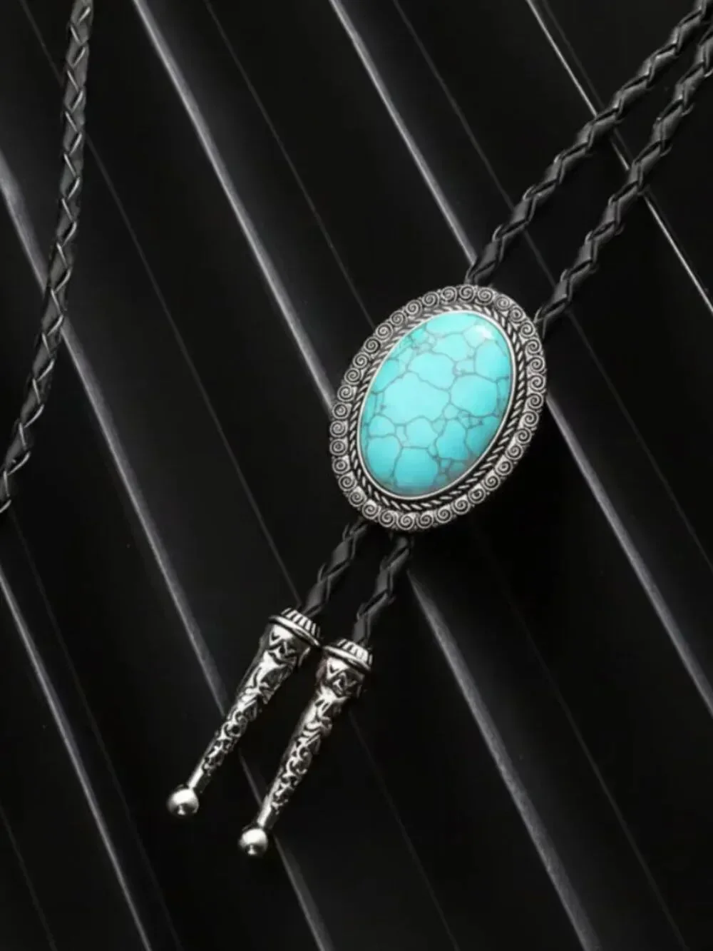 NWT Faux Turquoise Bolo Tie Western Cowboy Crackle Stone Necklace